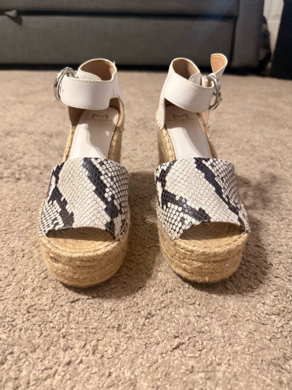 Marc Fisher White and Black Snake-Print Espadrille Wedge Sandals